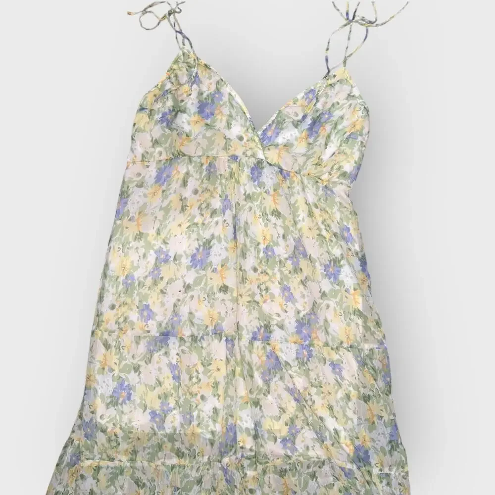 Abercrombie Green Maxi Dress XL Floral Tiered Strappy Resortwear